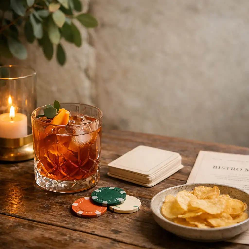 A crafted cocktail, a ceramic snack plate and understated playing-card details on a timber tabletop.