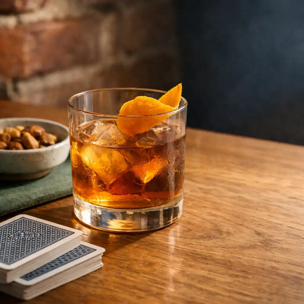 Amber cocktail beside face-down cards and a ceramic snack plate on a timber tabletop