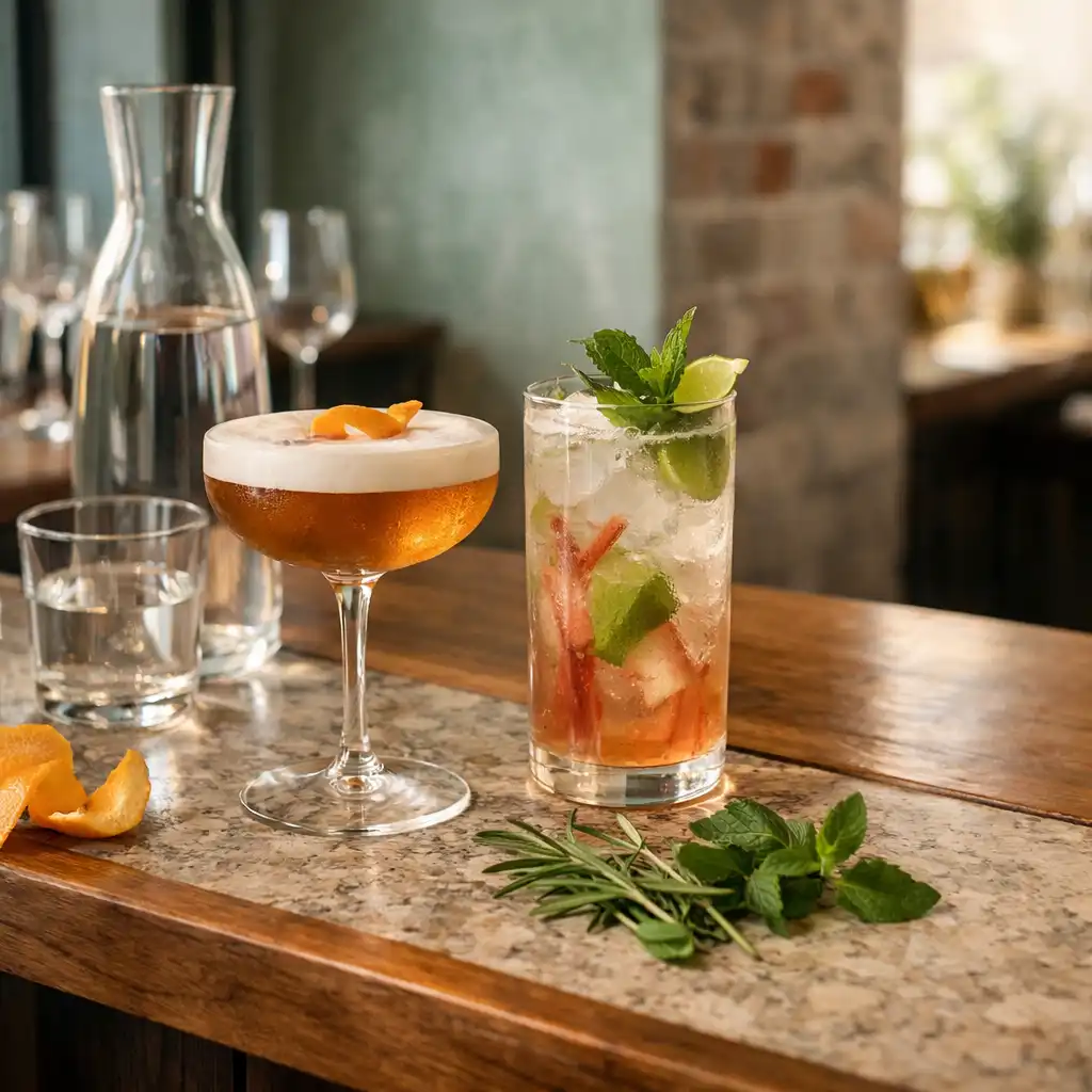 A cocktail and alcohol-free drink on a textured bistro bar