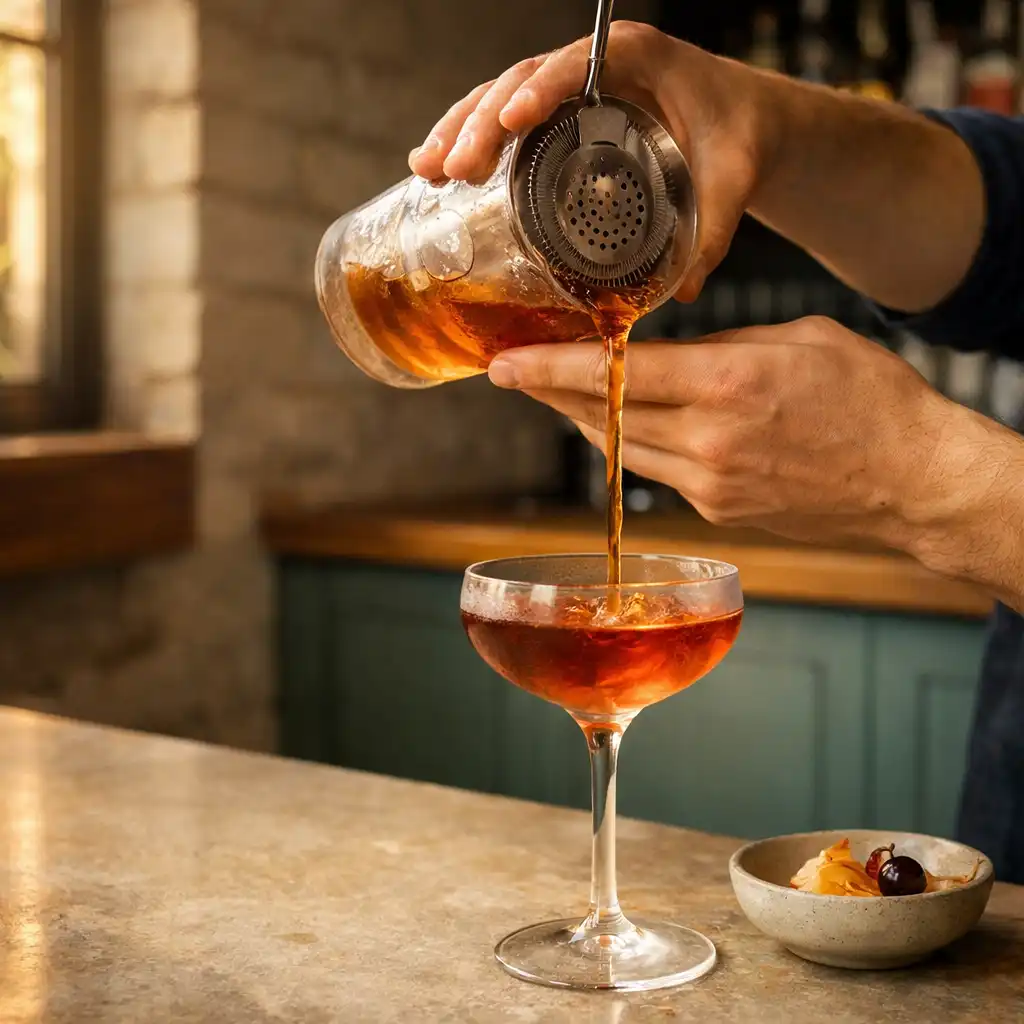 Bartender pouring an amber cocktail at GAREA INVEST's timber bar