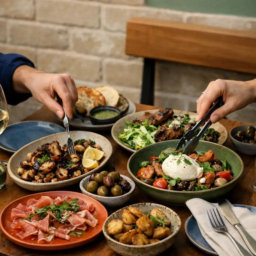 Share plates on a timber table as two diners reach in