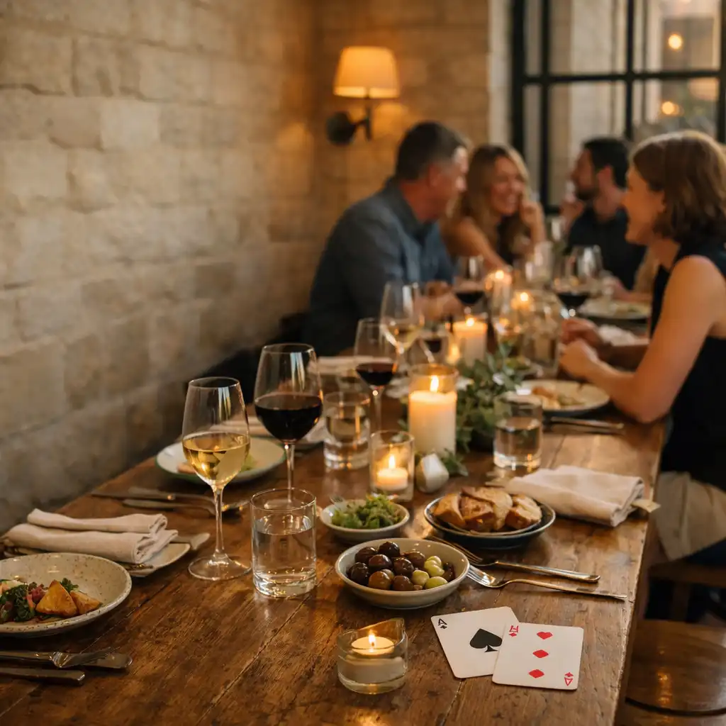 Diners gathered around a warmly dressed timber table in GAREA INVEST's laneway-style dining room.