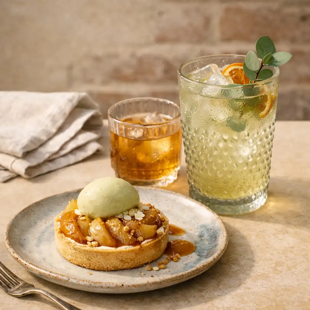 Bistro dessert paired with an alcohol-free drink on a limestone-toned table