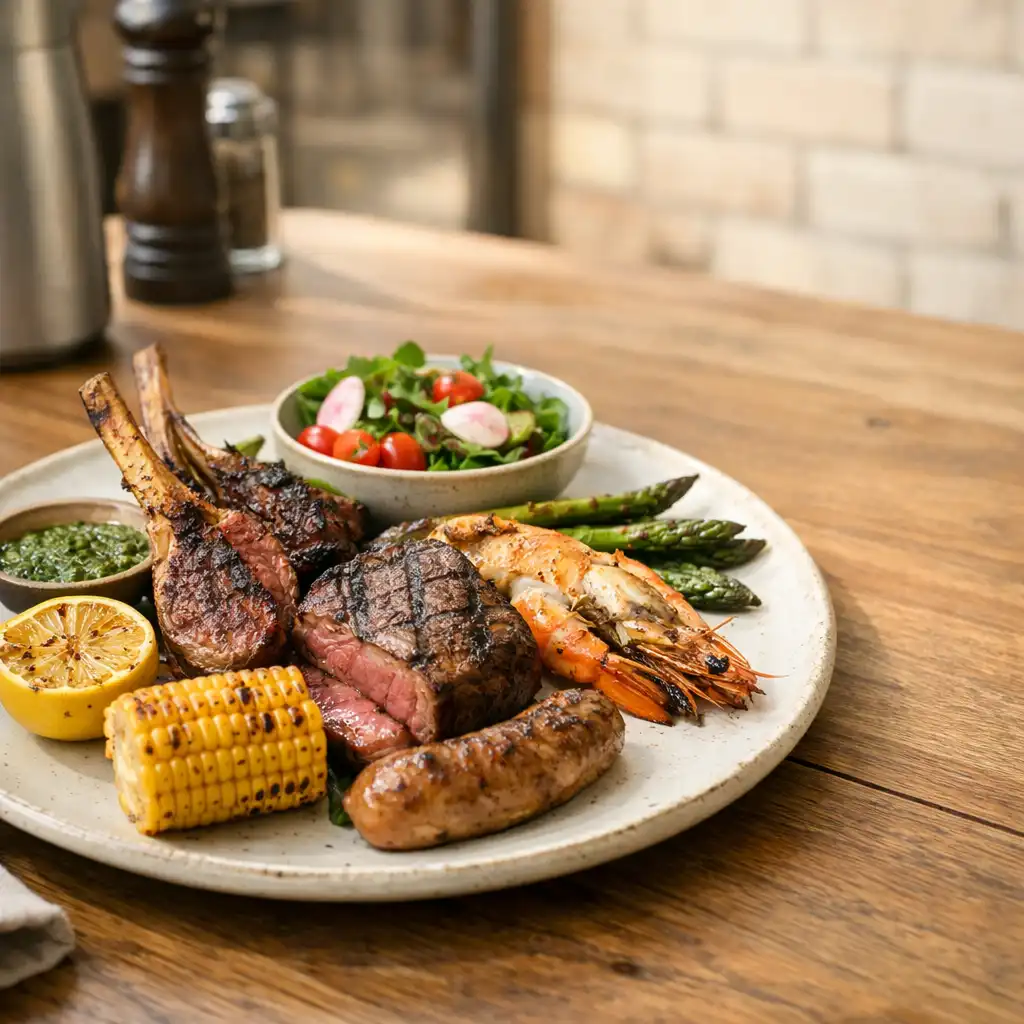 A grill selection served on ceramic in a warm bistro dining room