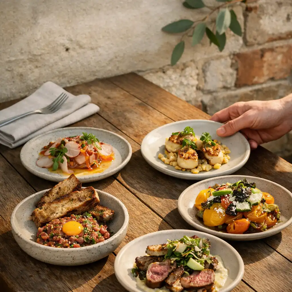 Shared contemporary Australian small plates arriving on a timber bistro table