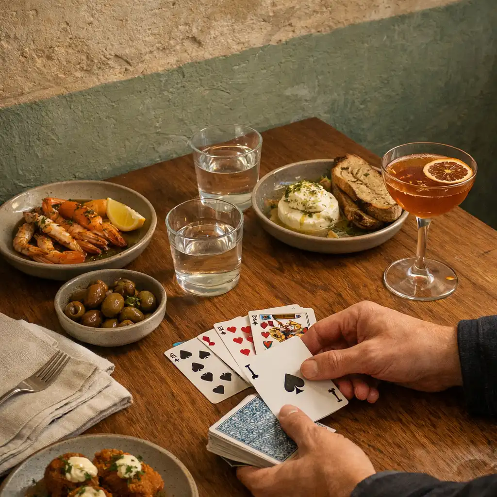 Hands arranging playing cards beside shared dishes and a crafted cocktail on a timber restaurant table