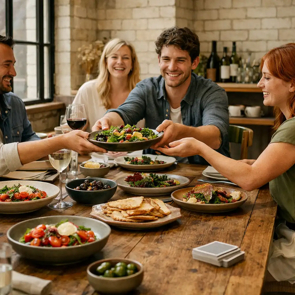 Friends sharing seasonal dishes around a timber table in a laneway dining room