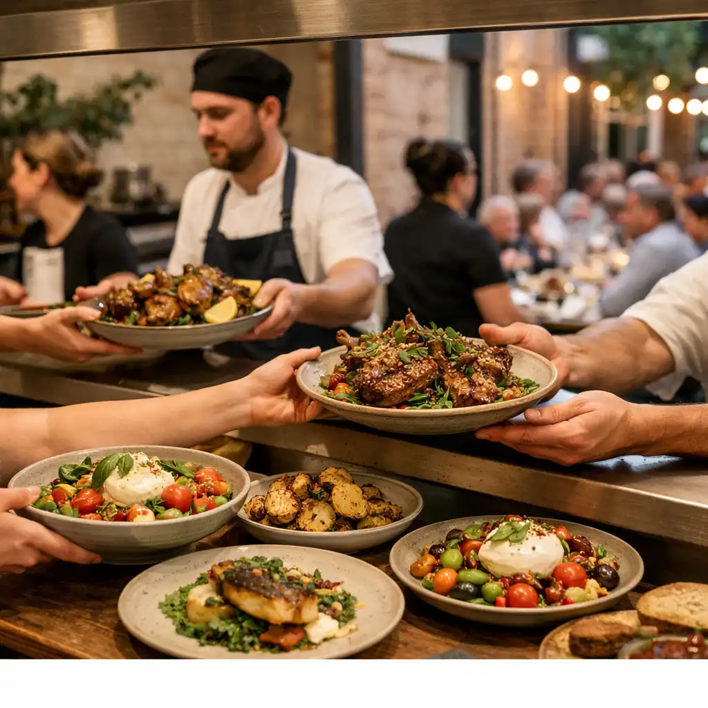 Shared plates being sent from a bistro pass into a warm, busy dining room.