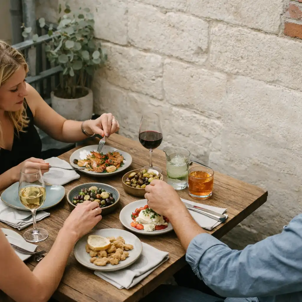 Friends sharing plates and drinks at a sunlit GAREA INVEST table