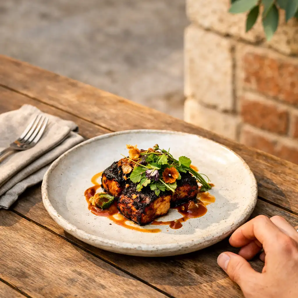 A refined bistro dish on a ceramic plate on a sunlit timber table