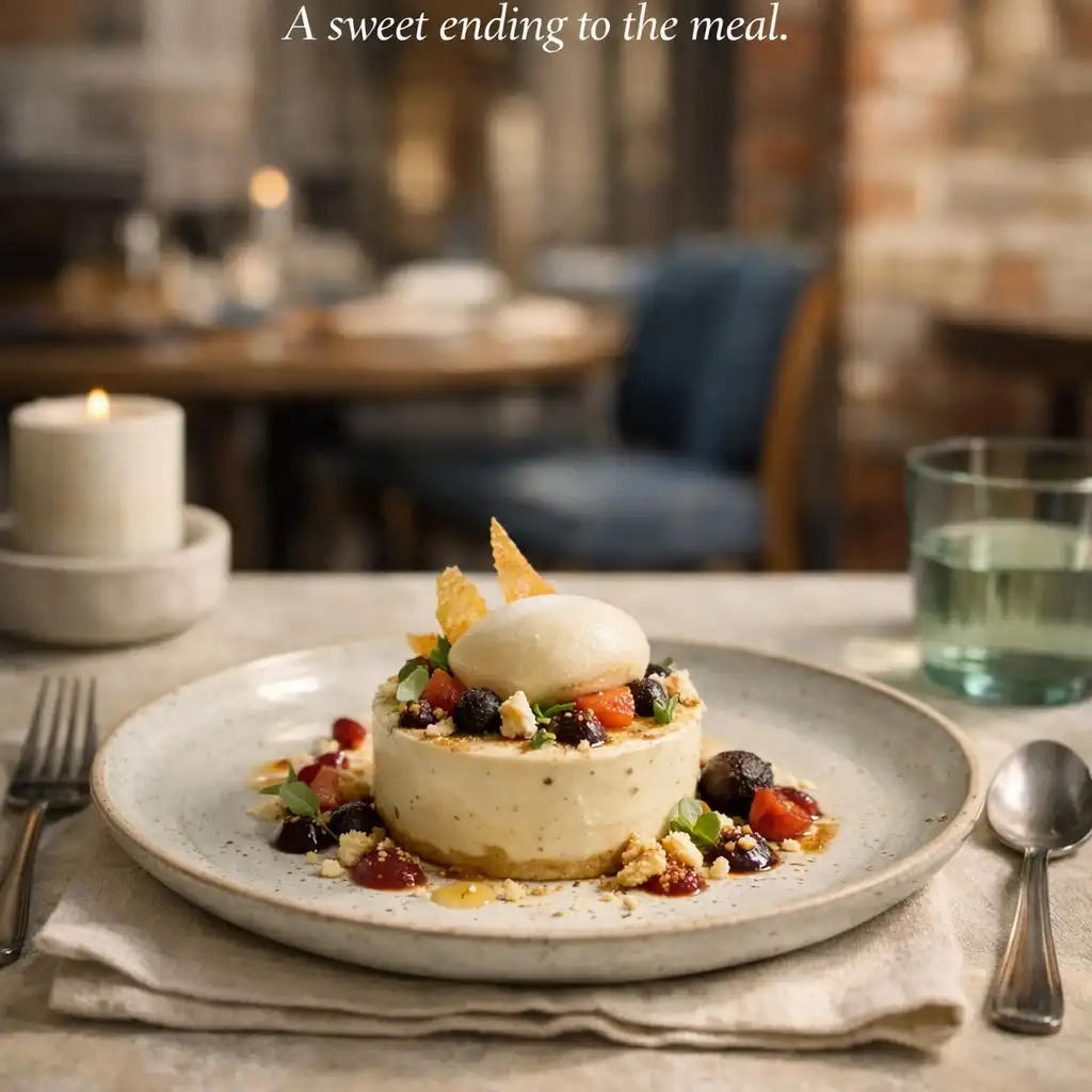 A crafted final-course plate in a warm contemporary dining room