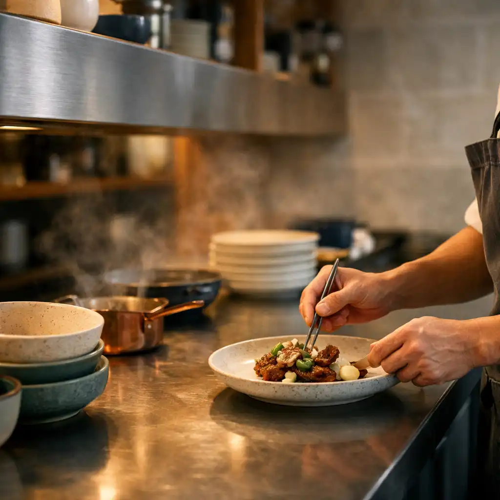 Cook's hands finishing a plate at a contemporary bistro kitchen pass