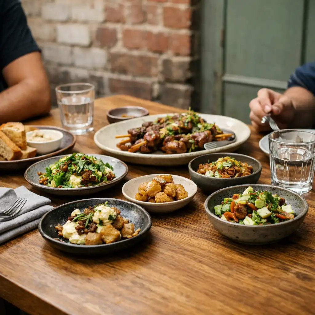 Several bistro dishes arranged for sharing on a sunlit restaurant table