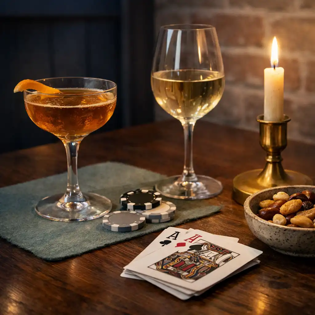 Cocktail, wine glass, cards and candlelight on a GAREA INVEST tabletop