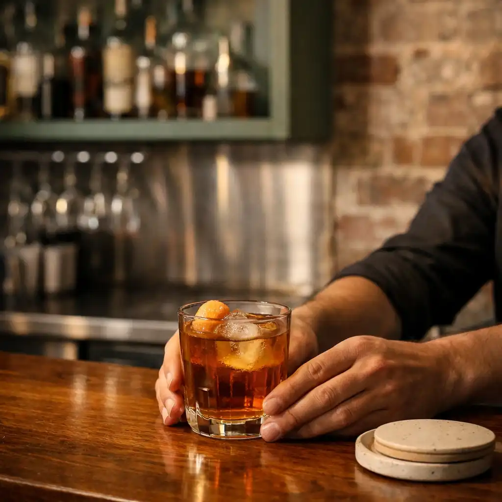 Bartender placing a crafted drink on timber beside ceramic coasters and painted shelving
