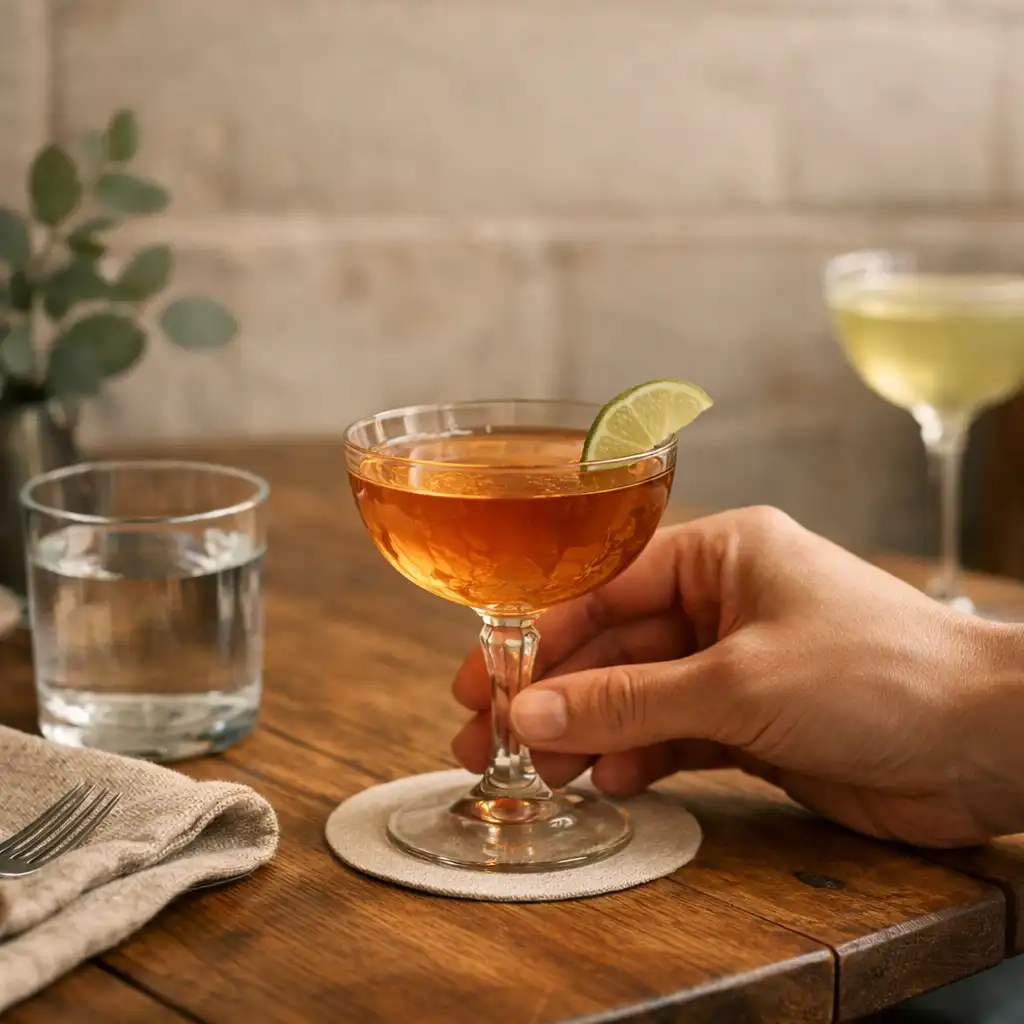 A crafted cocktail being placed on a timber bistro table with linen and another drink nearby.