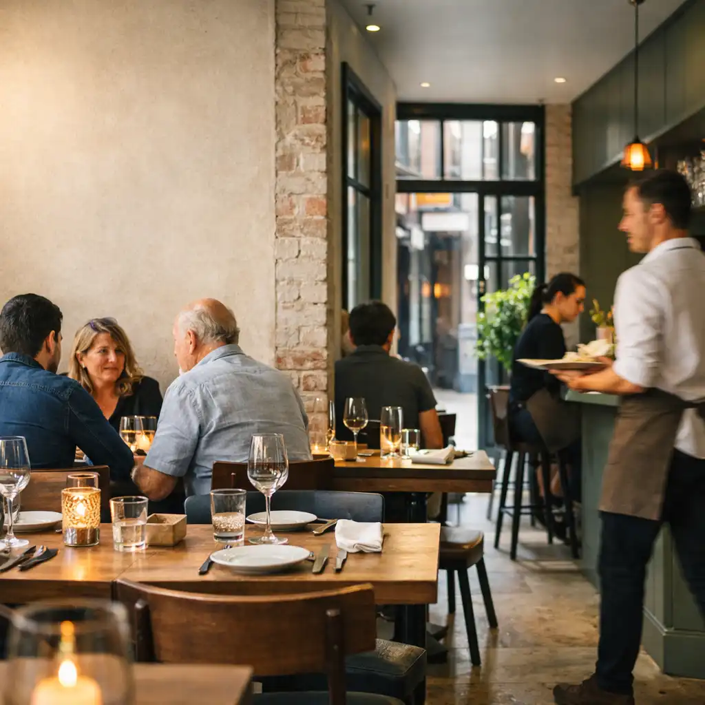 Sunlit GAREA INVEST dining room with timber tables, brick and linen settings