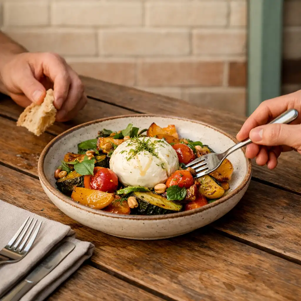 A richly plated shared dish on a timber table with diners' hands, ceramicware and linen.