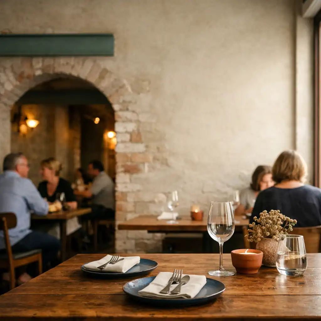 Sunlit GAREA INVEST dining room with timber tables, pale walls and an arched passage