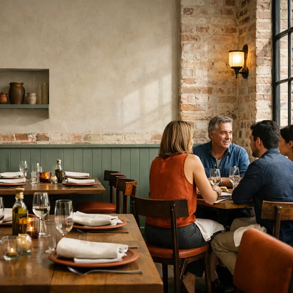 A warm, laneway-inspired dining room with timber tables, pale walls and diners gathered together.