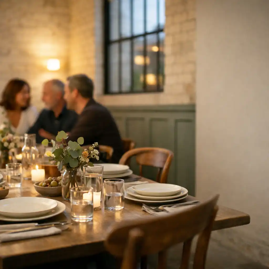 Shared dining table with ceramics, linen, glasses and diners in conversation