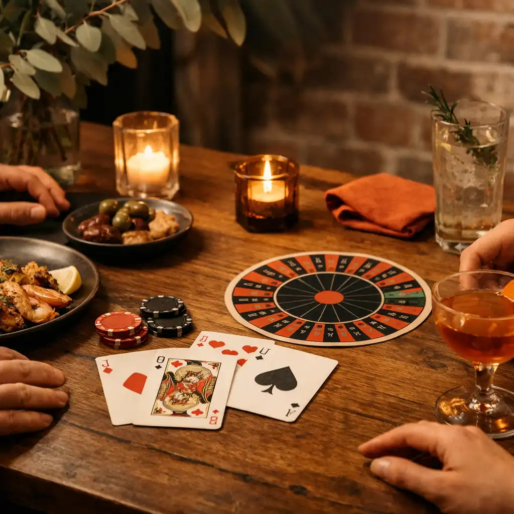 Printed cards, chips, shared plates and cocktails on a timber table during a social restaurant evening